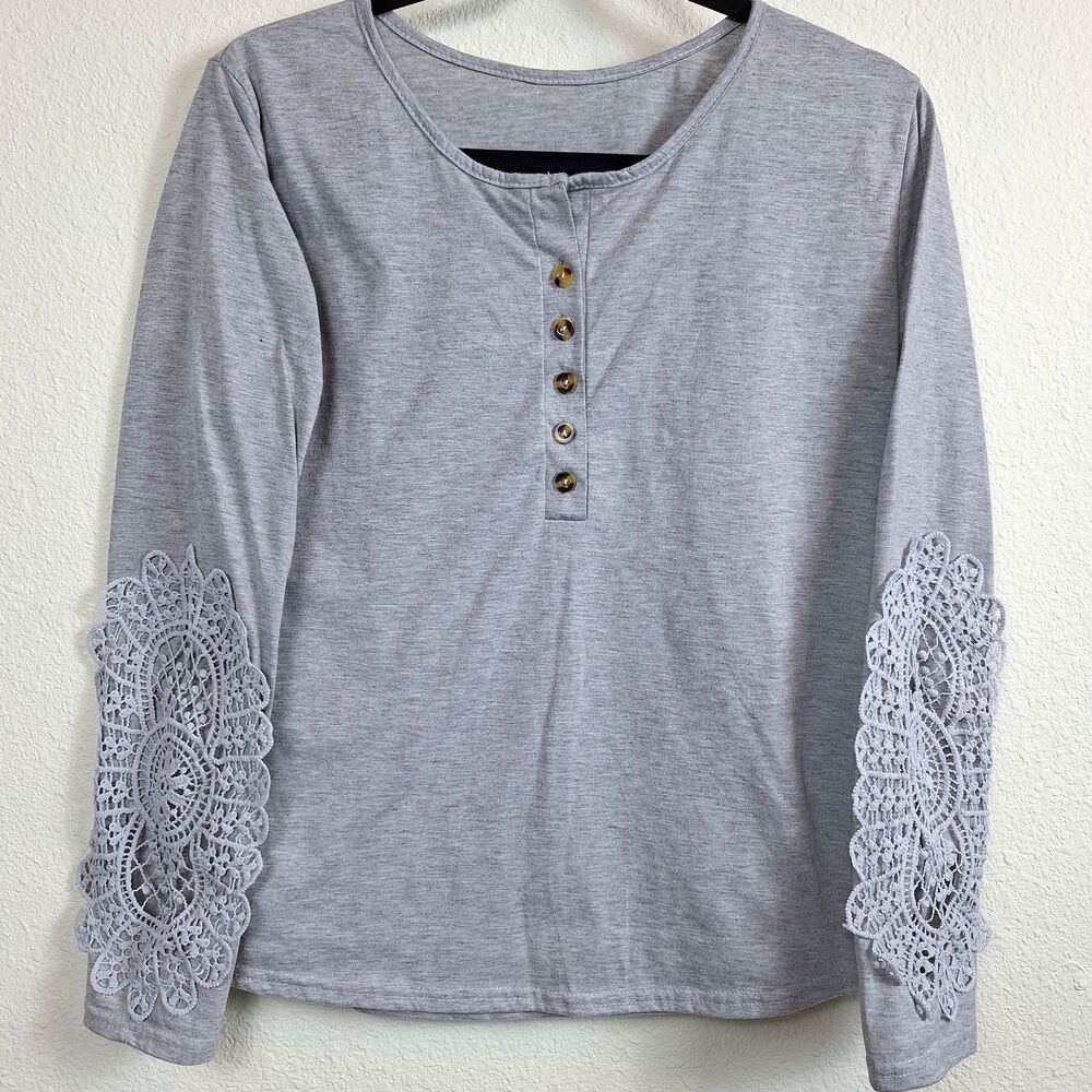 Cottagecore Lace Cutout Henley Top M Heather Gray Long Sleeve Boho Cowgirl